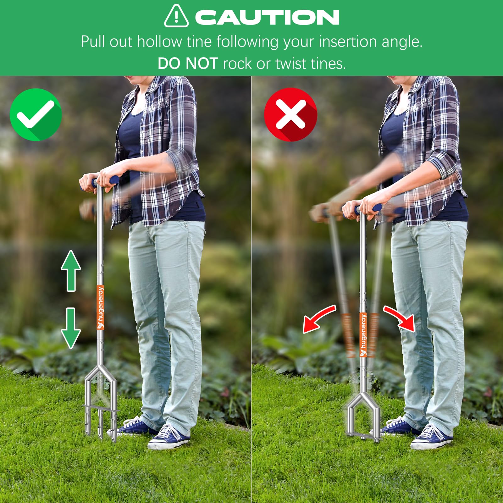 hugeneroy Heavy Duty Steel Hollow Tine Aerator in garden setting