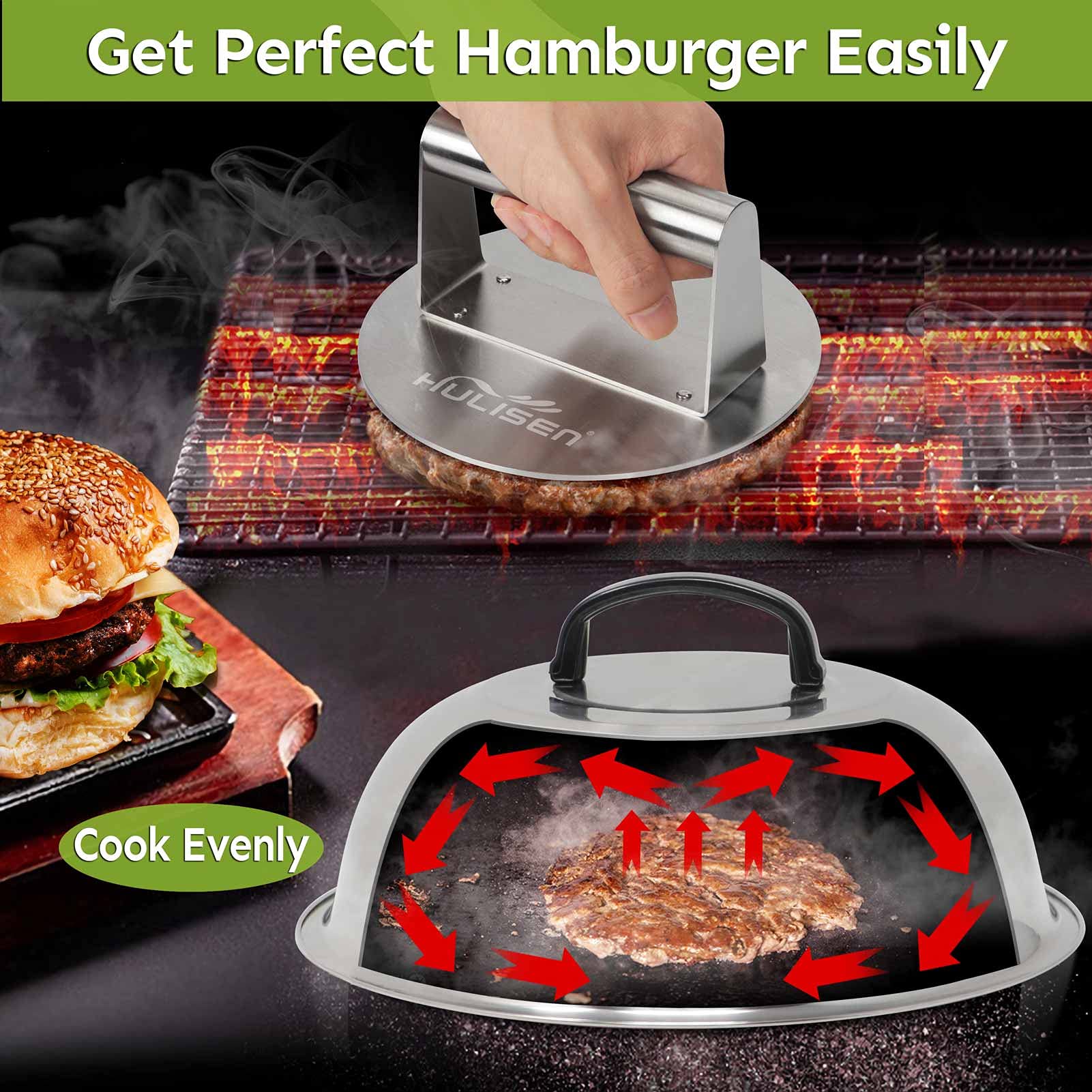 HULISEN 6.2-inch round burger press showing flat smooth surface