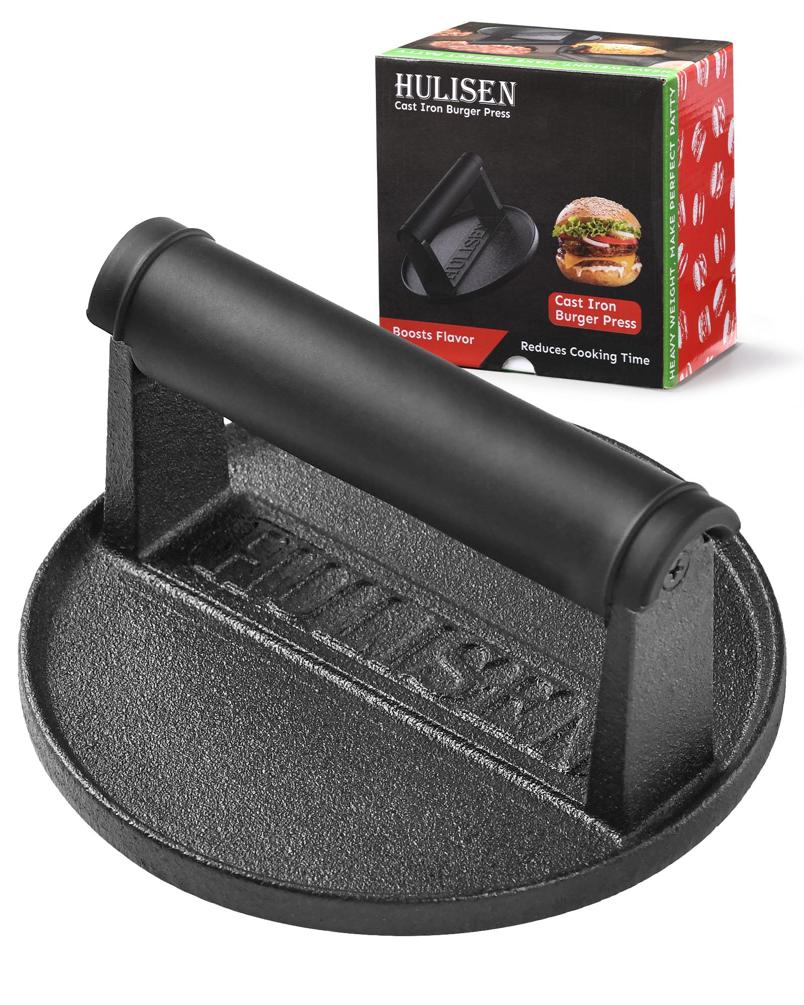 HULISEN 6-inch cast iron burger press with black ergonomic handle