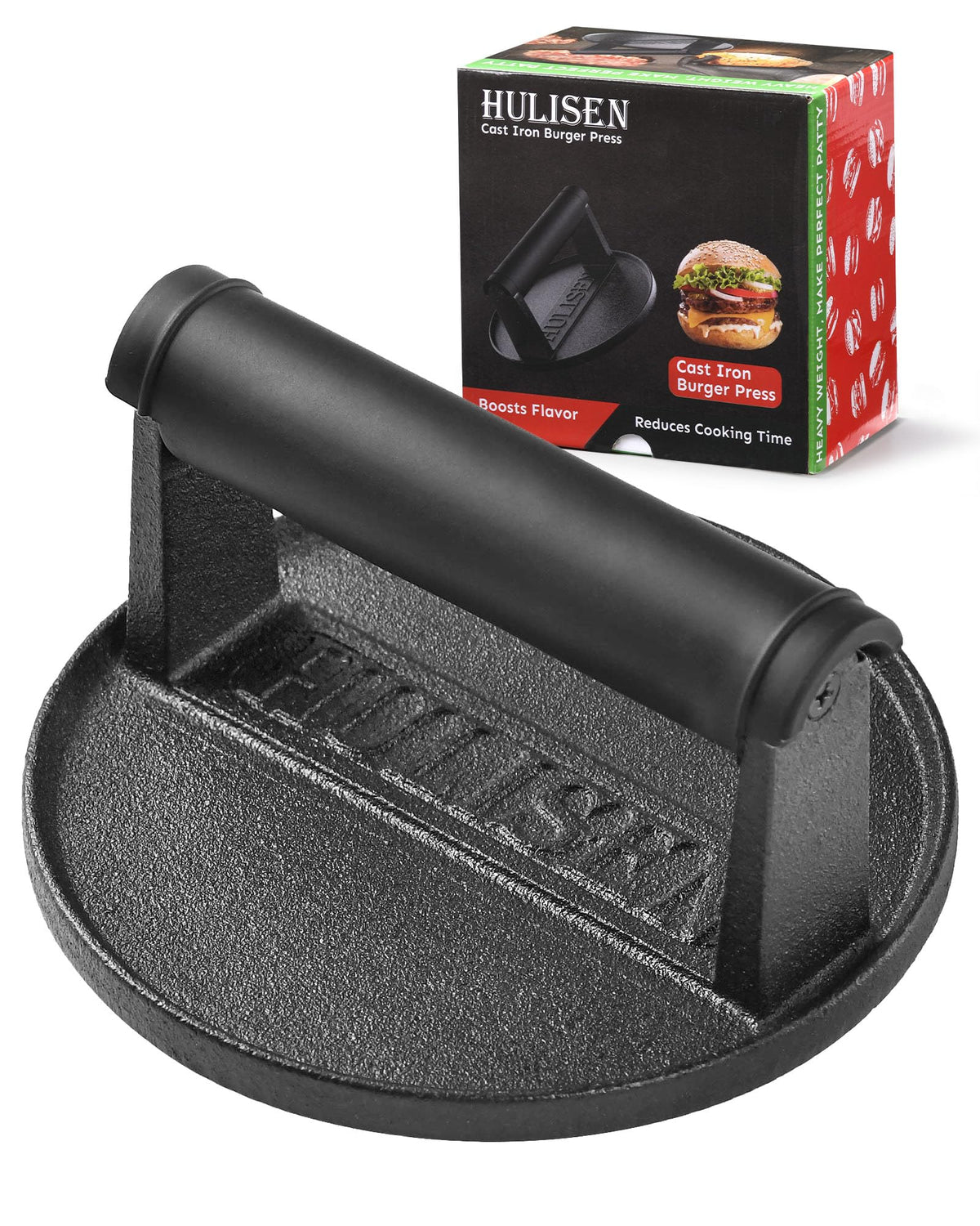 HULISEN 6-inch cast iron burger press with black ergonomic handle