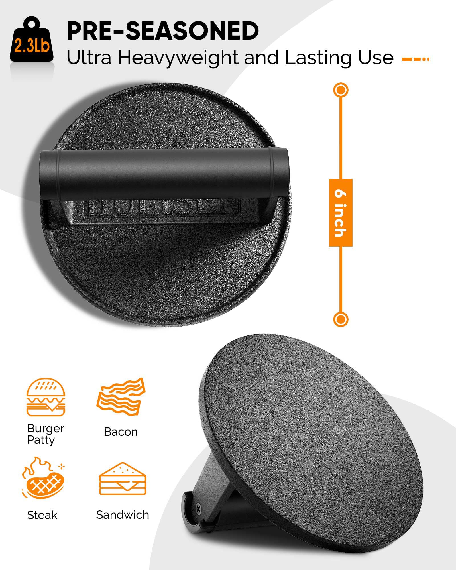 HULISEN burger press in use on a grill with cooking burgers