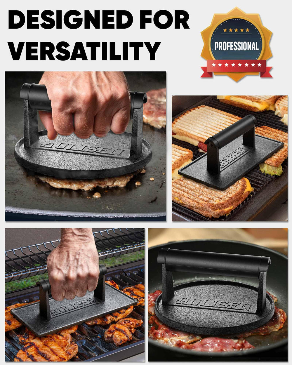 HULISEN burger press next to cooked bacon and burgers on a plate