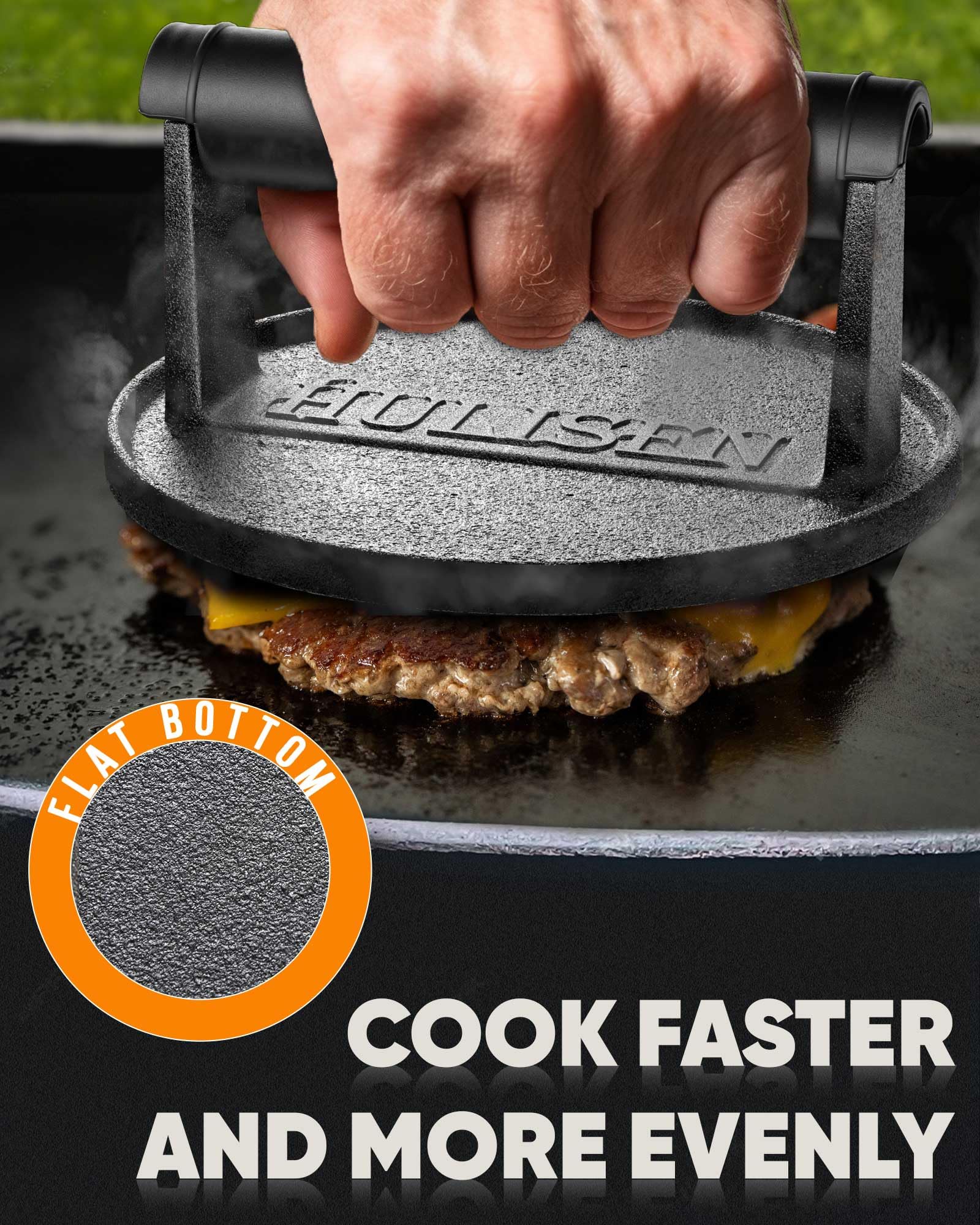 HULISEN burger press resting on a kitchen counter with cooking ingredients