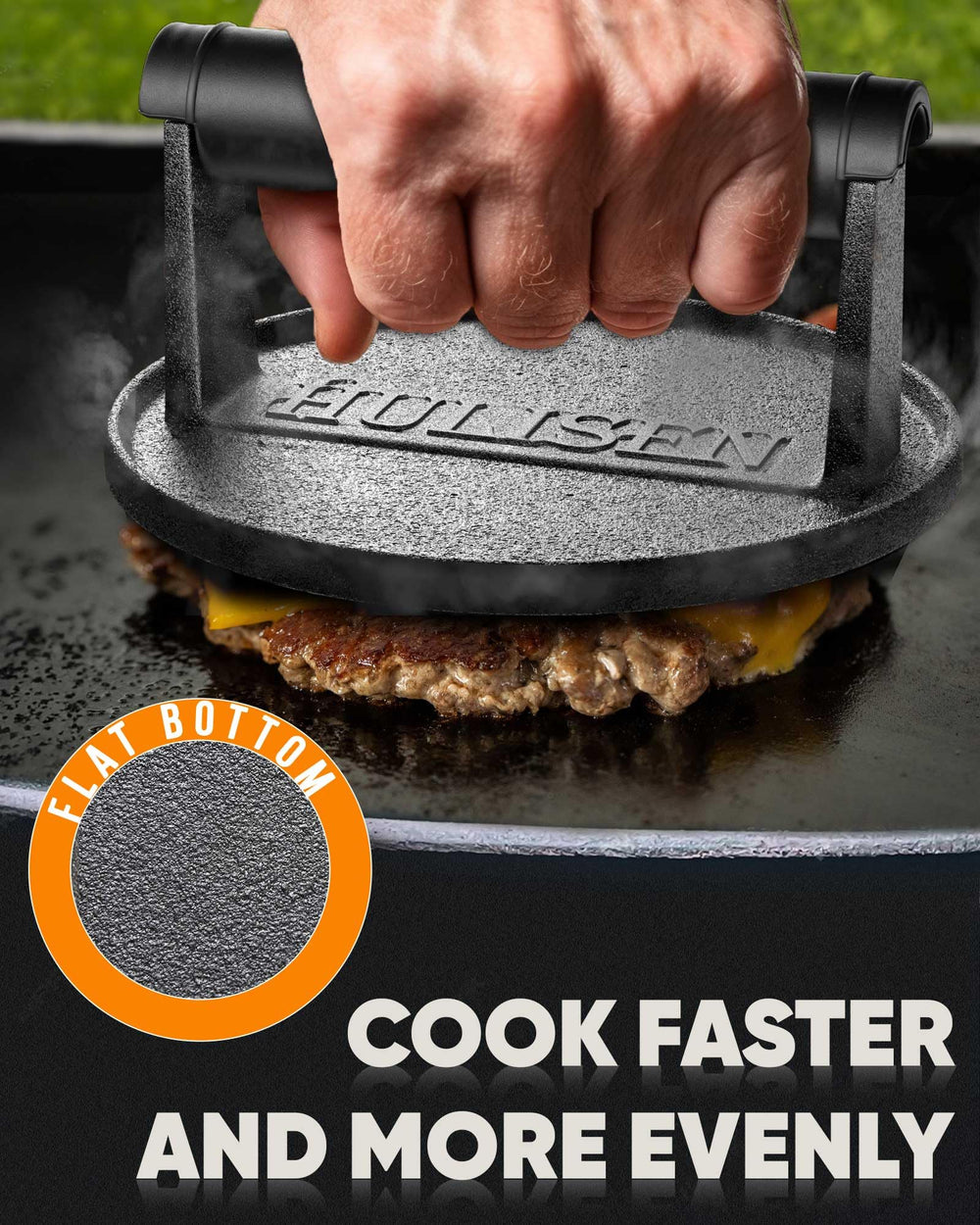 HULISEN burger press resting on a kitchen counter with cooking ingredients