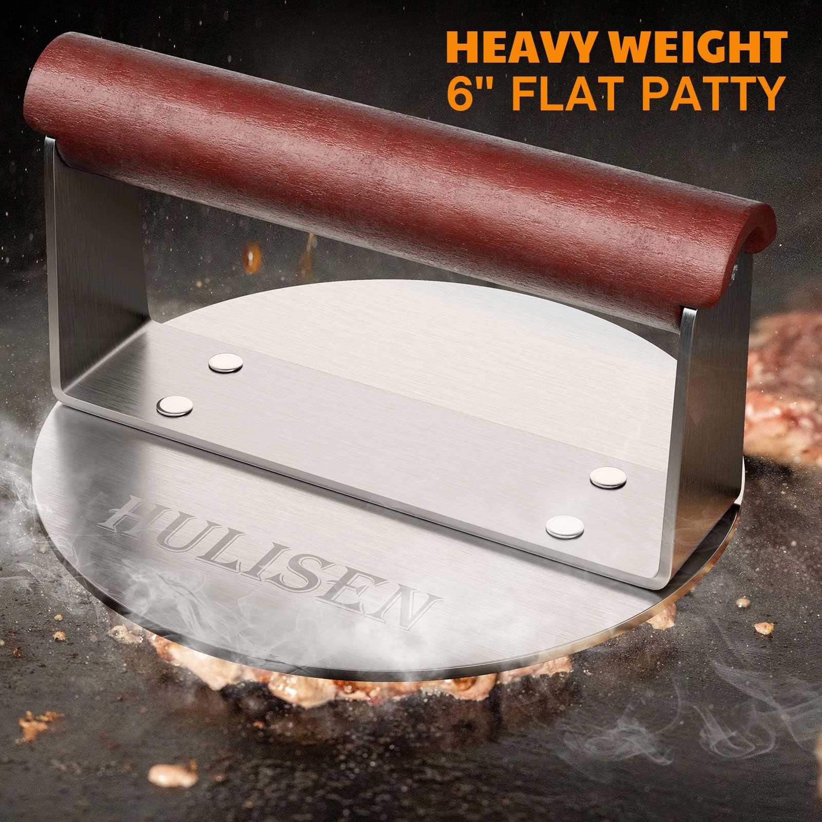 HULISEN Burger Smasher in use with bacon on grill