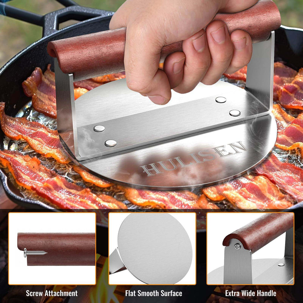 HULISEN Burger Smasher with wooden handle close-up