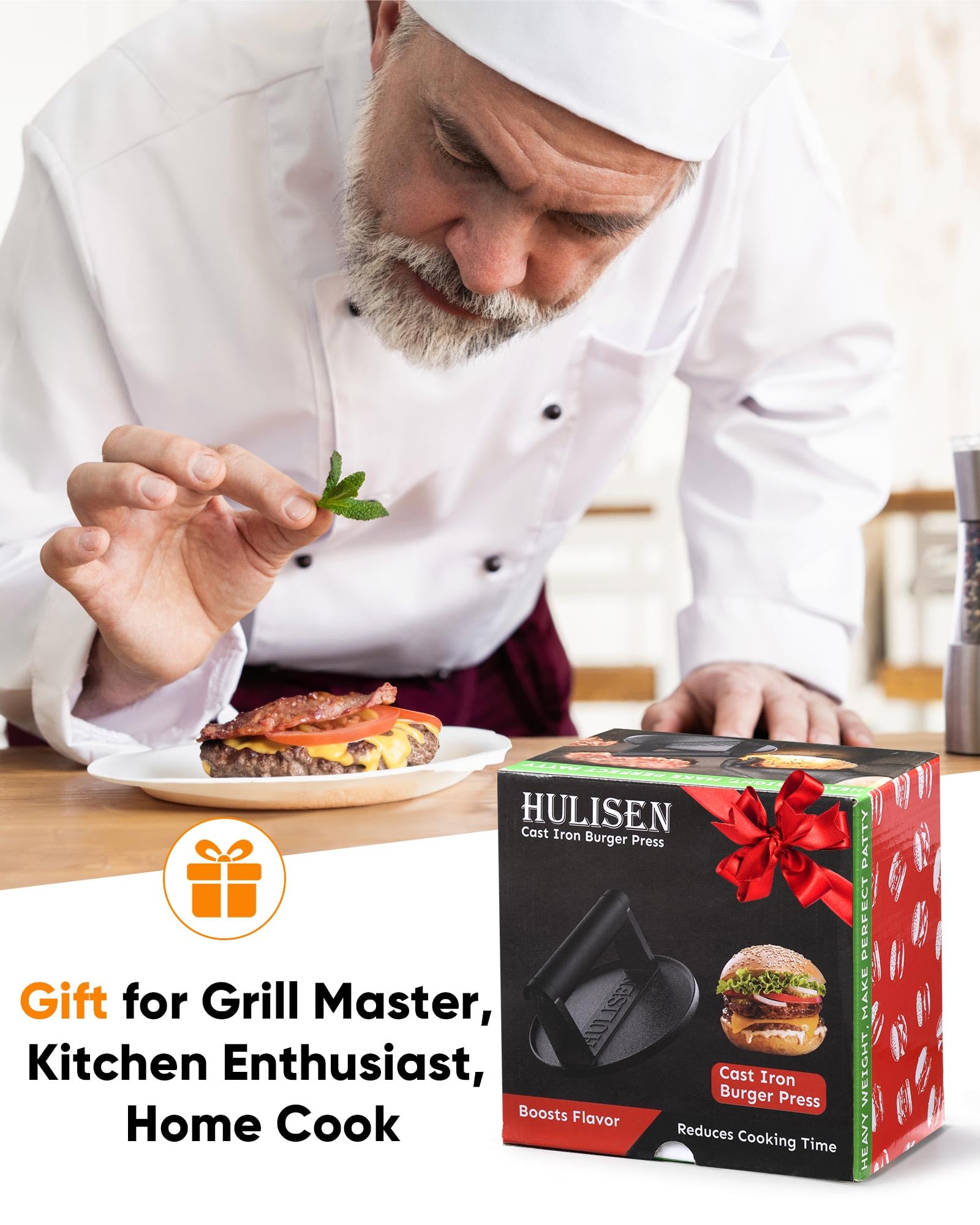HULISEN cast iron burger press displayed with packaging
