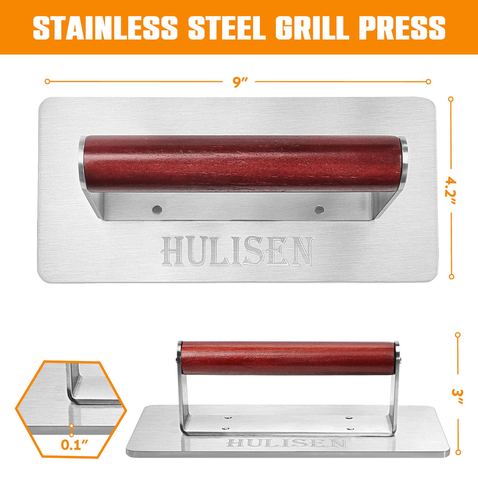 HULISEN Grill Press on a barbecue grill with burgers