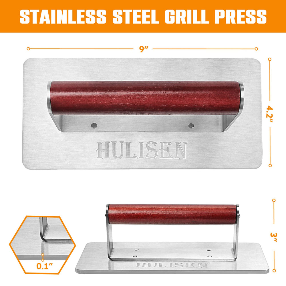 HULISEN Grill Press on a barbecue grill with burgers