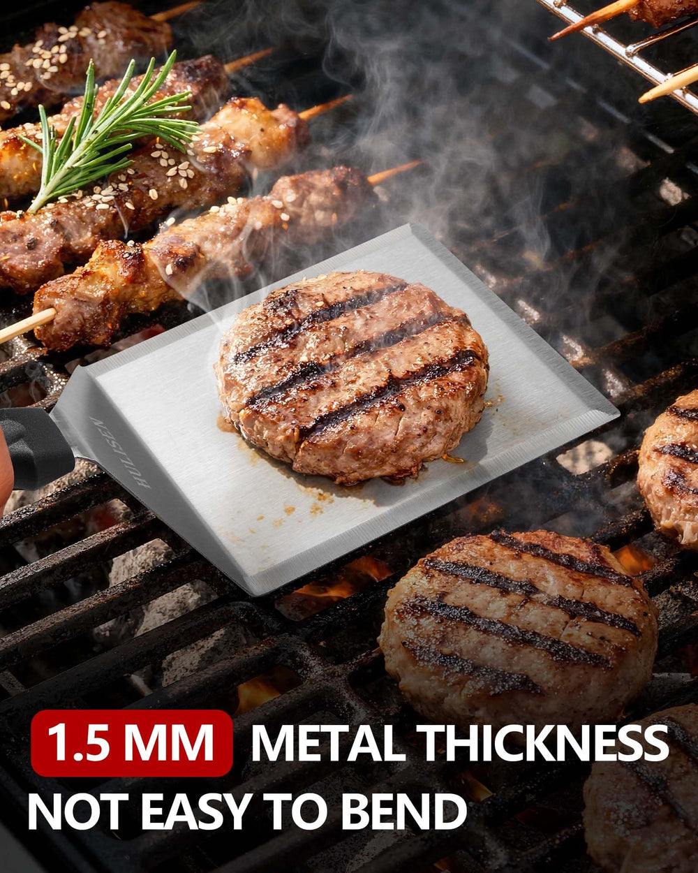 HULISEN Stainless Steel Spatula being used to lift a burger