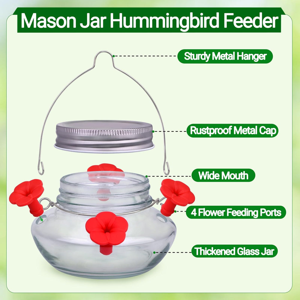 Hummingbird feeder components: jar, hanger, flower ports