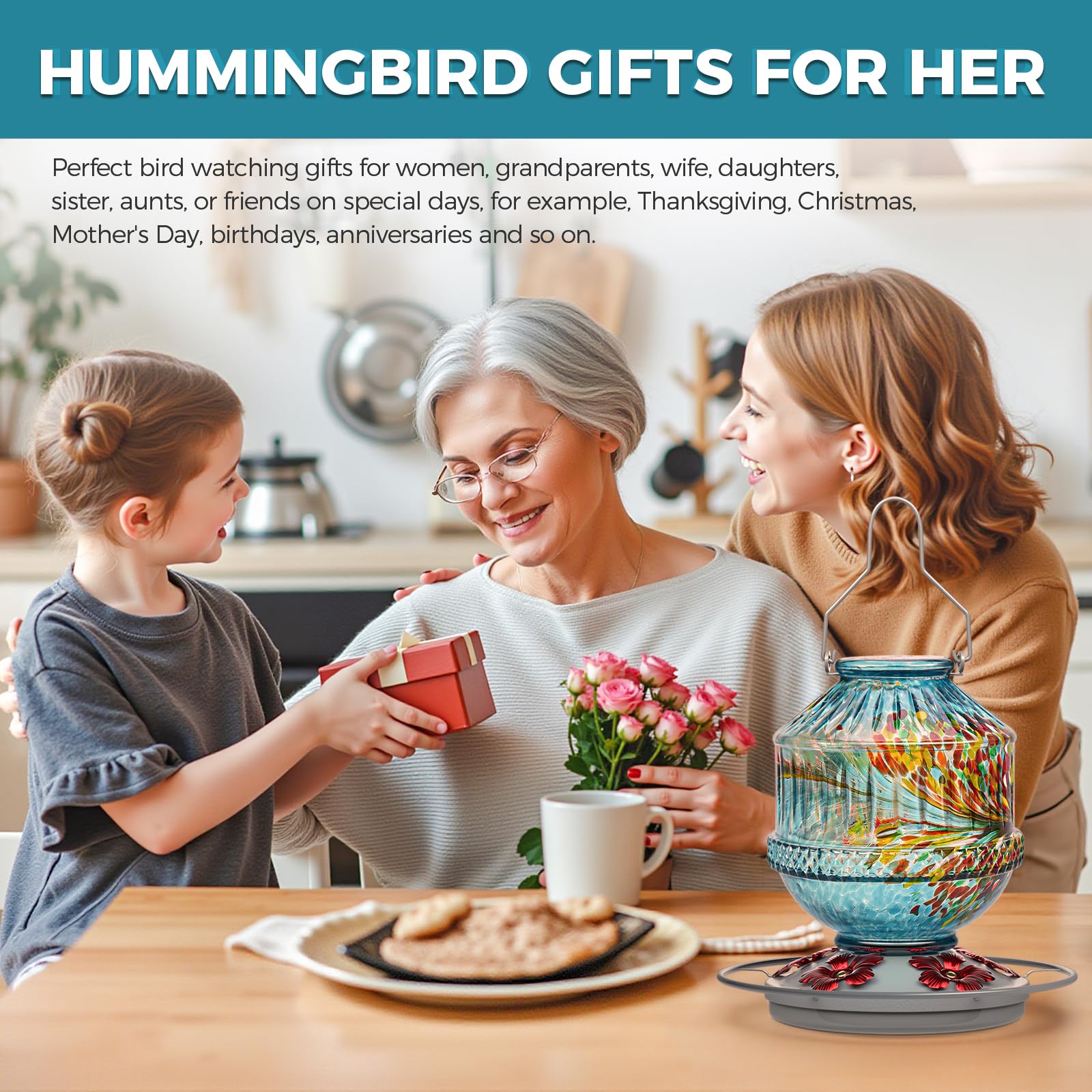 Hummingbird feeder displayed with vibrant flowers around