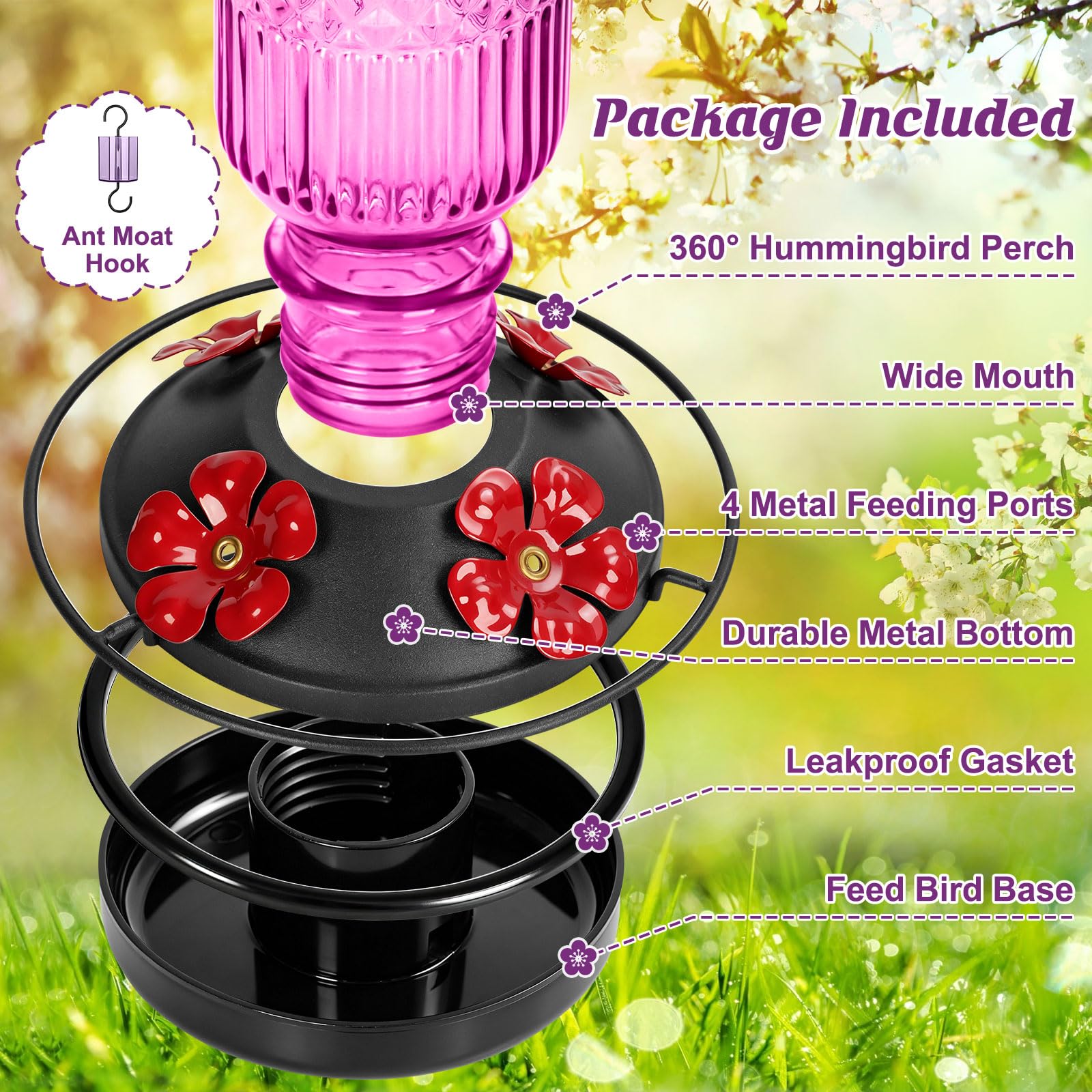 Hummingbird feeder with ant moat attached