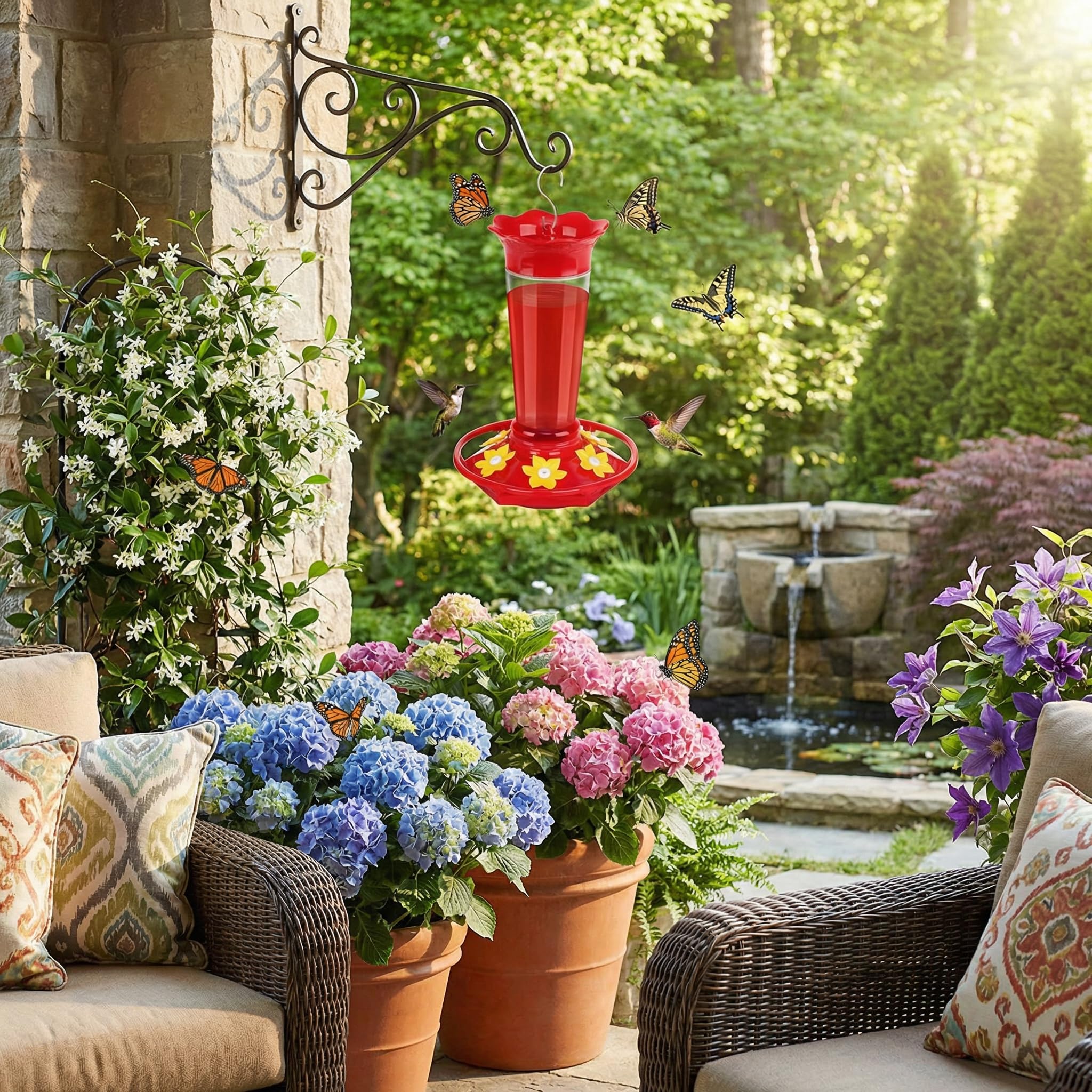 Hummingbird feeder with included hook and hanging wire