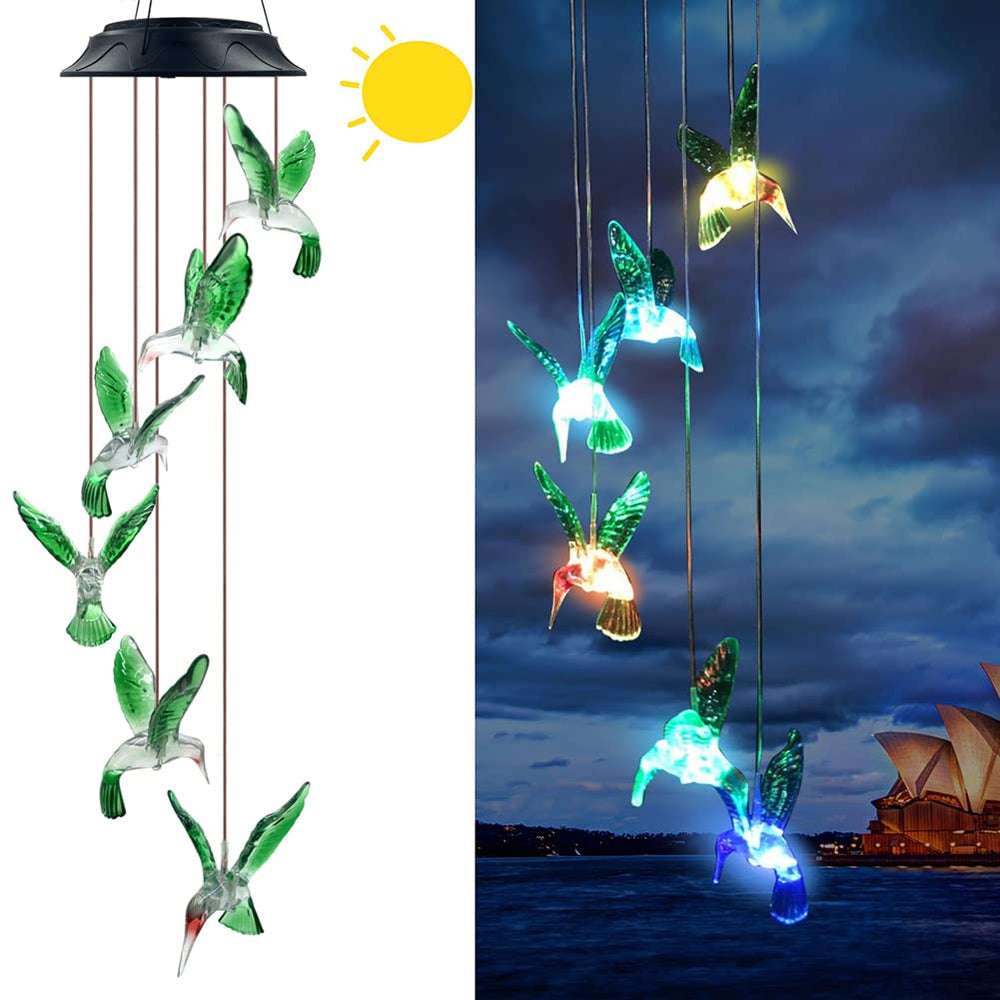 Hummingbird Solar Chimes front view with colourful lights
