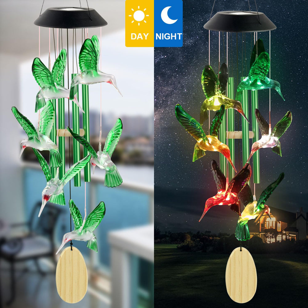 Hummingbird wind chimes in a garden setting