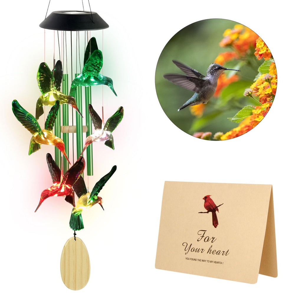 Hummingbird wind chimes packaging with product details