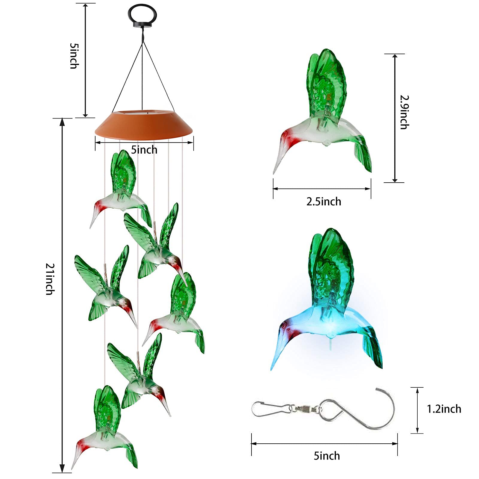 Hummingbird wind chimes with changing colors in garden setting