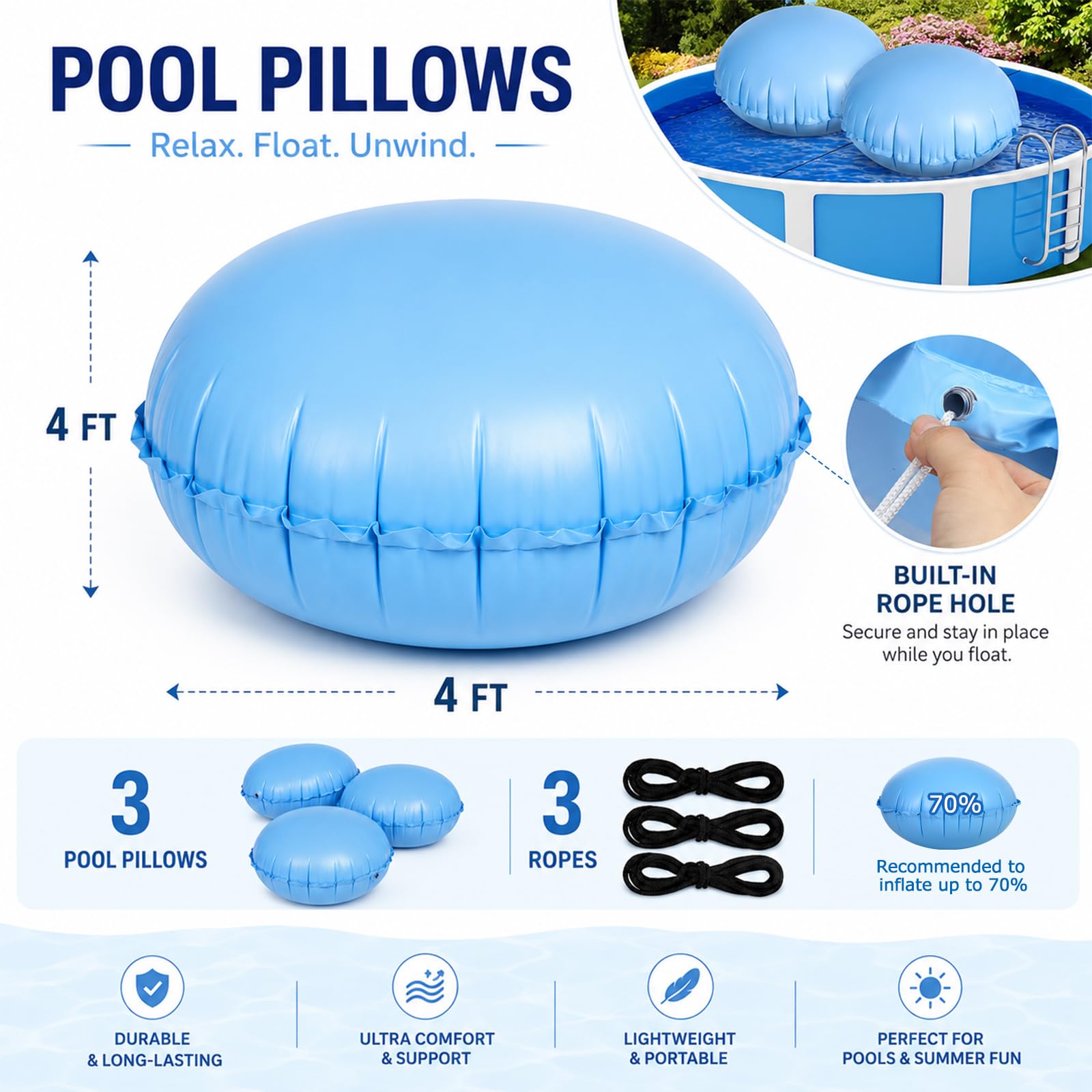 Hungdao Pool Cover Pillow 4x4 ft with ropes