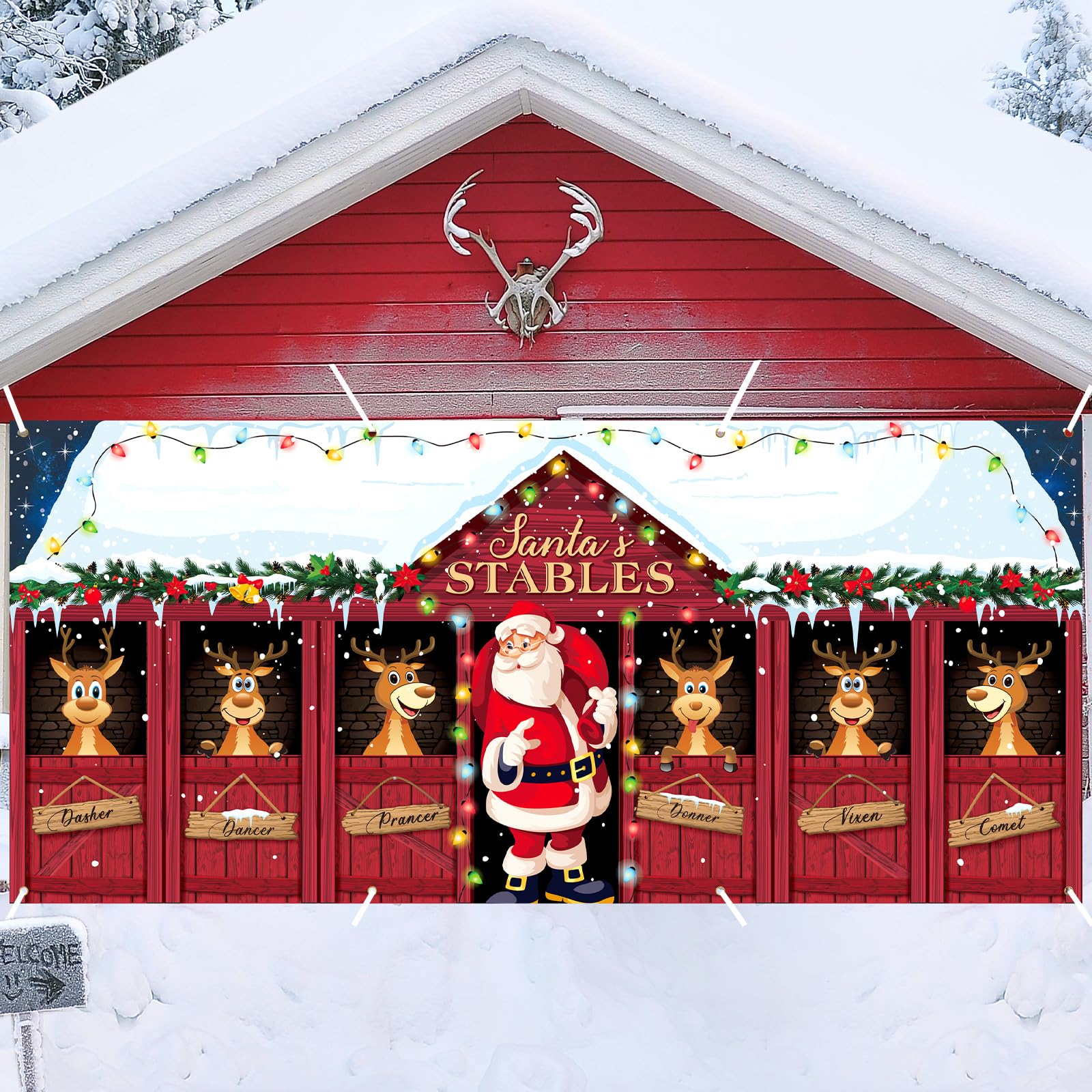 HunnmingRe Christmas Garage Door Cover featuring Santa and elk design