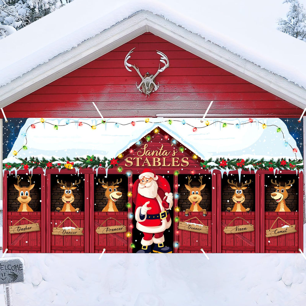 HunnmingRe Christmas Garage Door Cover featuring Santa and elk design