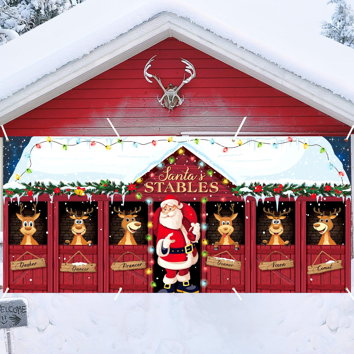 HunnmingRe Christmas Garage Door Cover featuring Santa and elk design