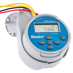 Hunter NODE-100-LS irrigation timer mounted on valve