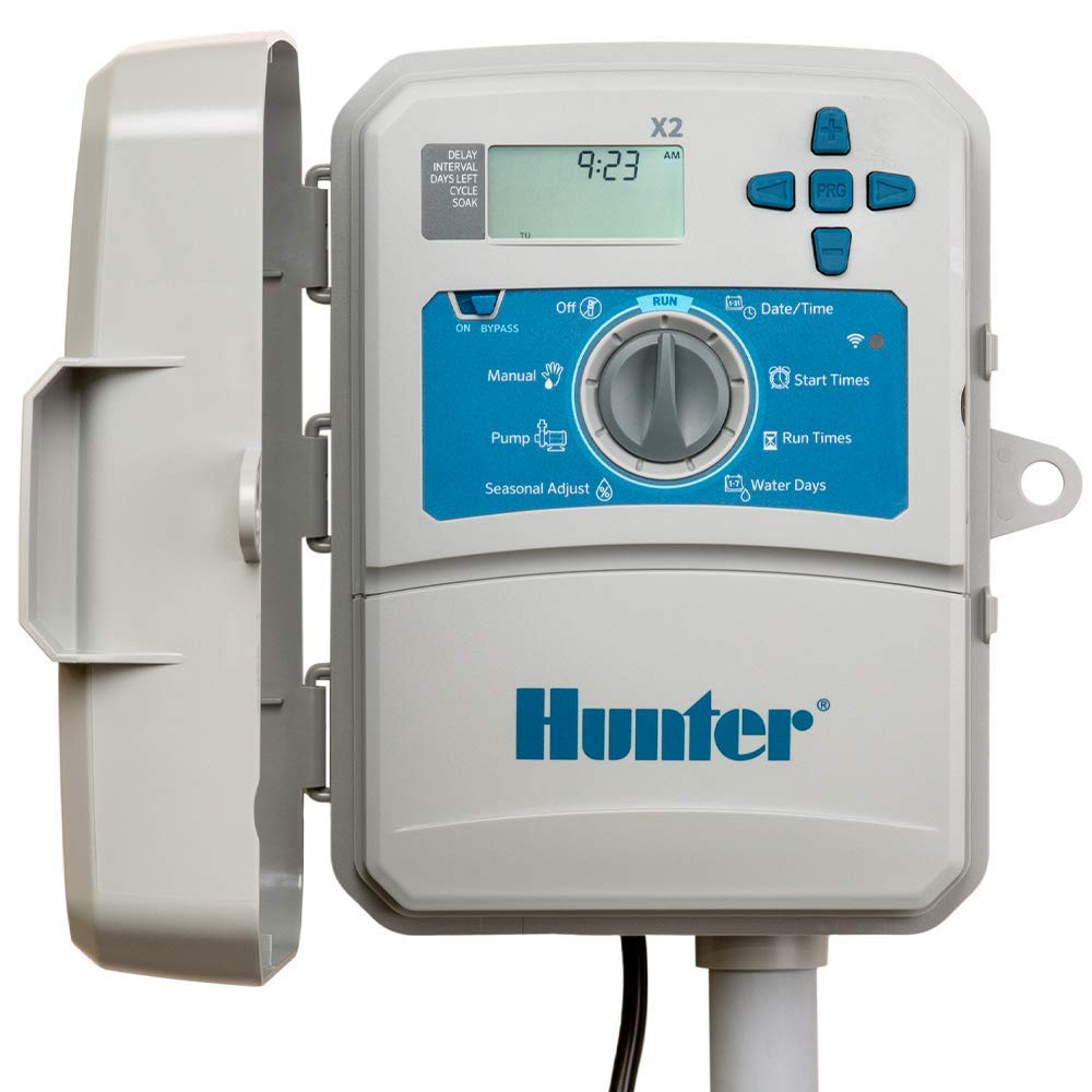 Hunter X2 4 Zone Sprinkler Controller front view with LCD screen