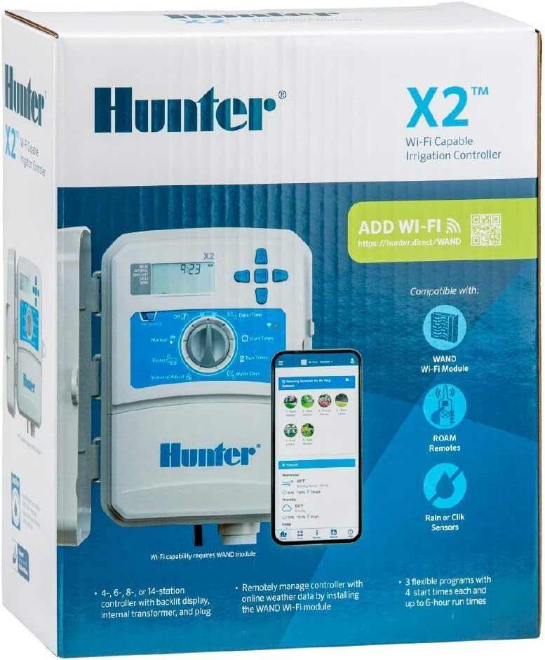 Hunter X2 8 Zone Sprinkler Controller in garden setting