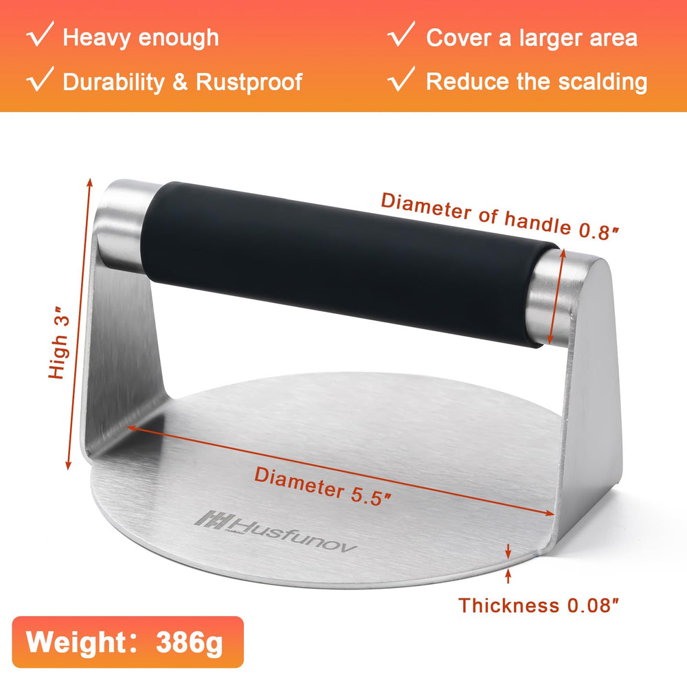 Husfunov burger press in use on a grill