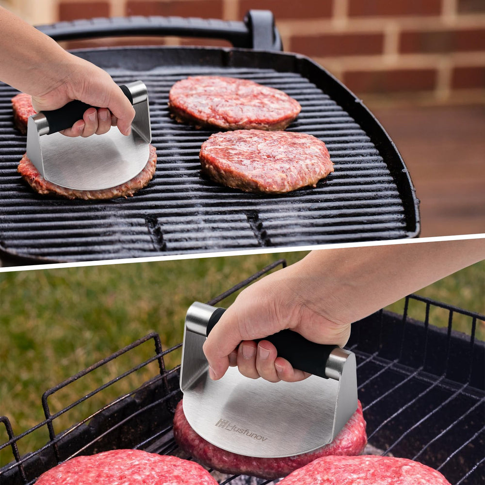 Husfunov burger press with burgers on a griddle