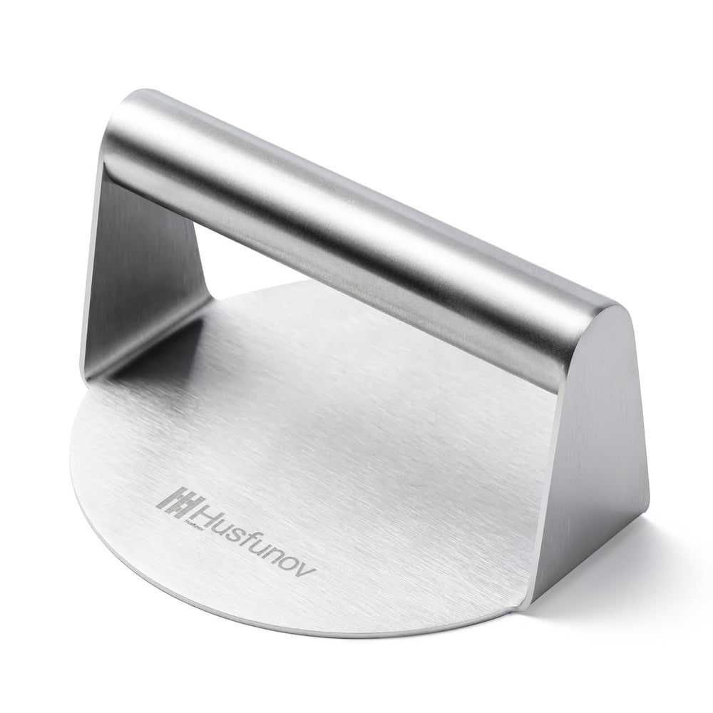 Husfunov Stainless Steel Burger Press front view with flat surface
