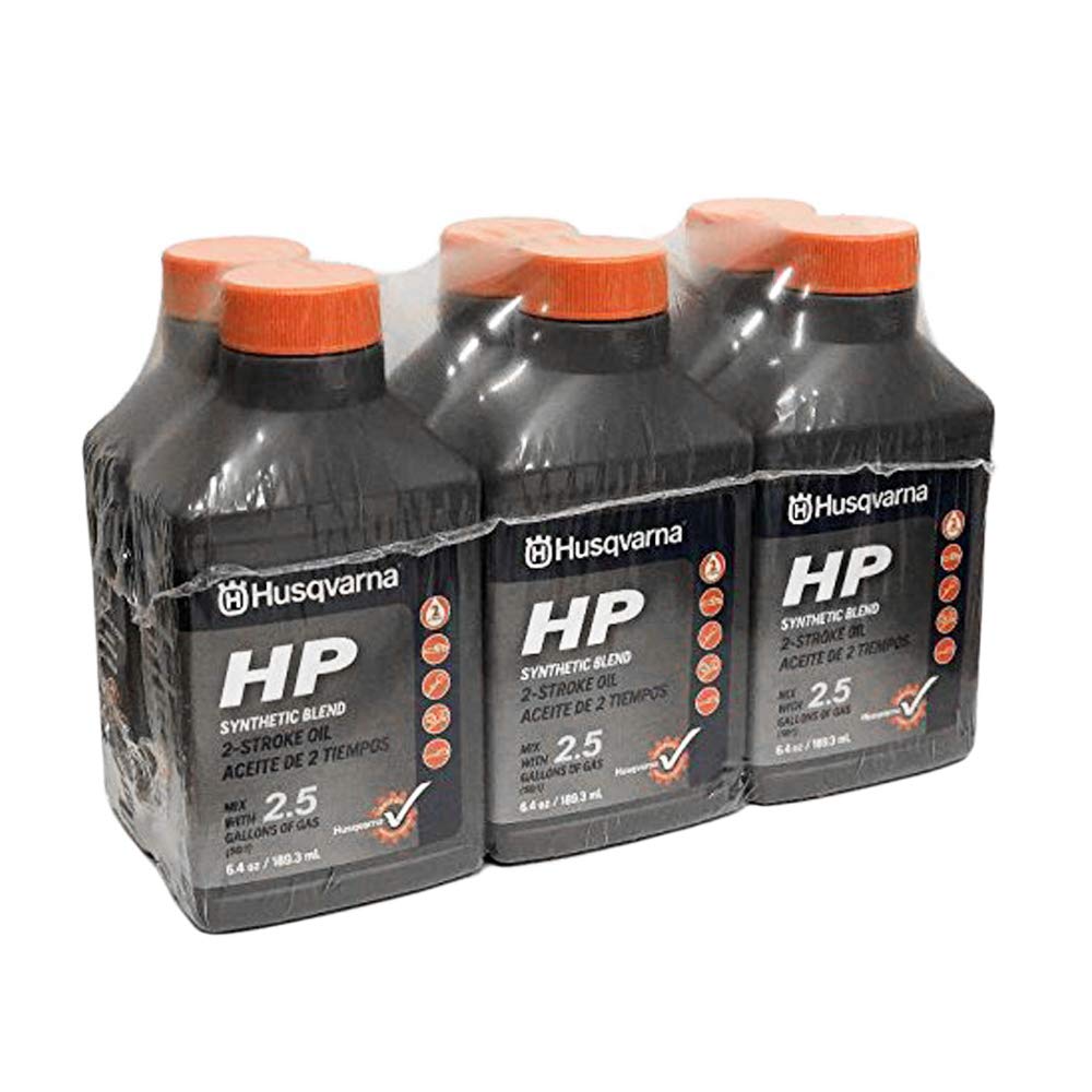 Husqvarna HP 2 Stroke Oil 6.4 oz bottles, six pack, front view