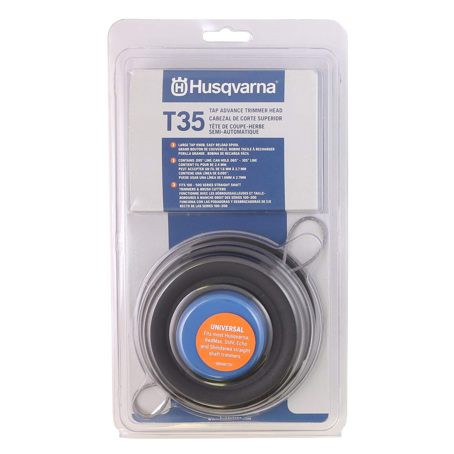Husqvarna T35 String Trimmer Head Replacement front view, Blue and Black