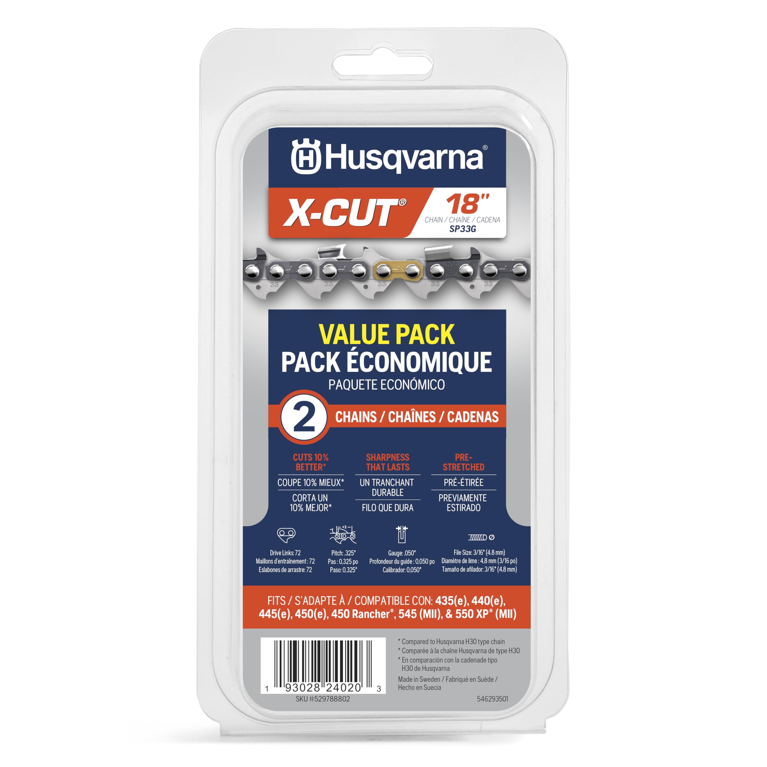 Husqvarna X-Cut SP33G 18 Inch Chainsaw Chain front view with packaging
