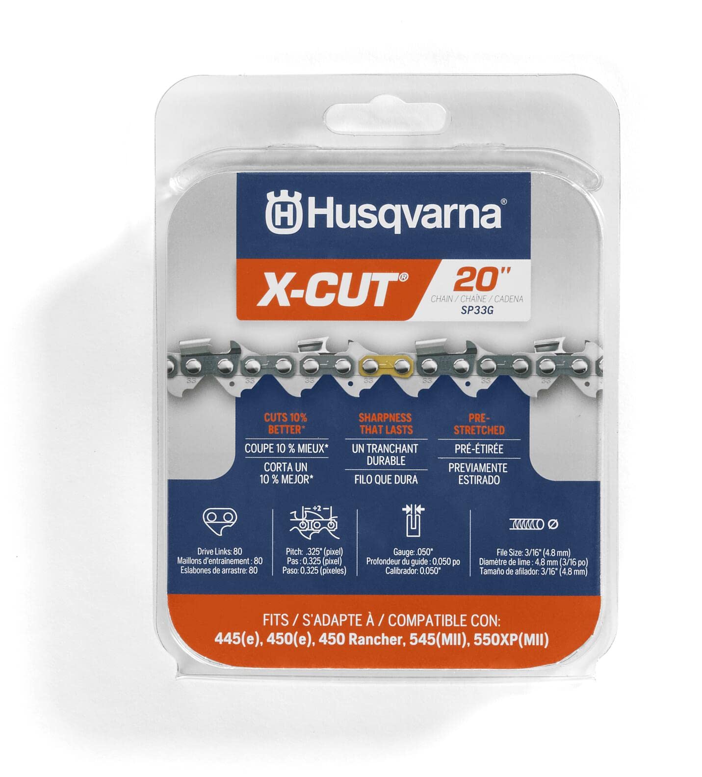 Husqvarna X-Cut SP33G 20 inch chainsaw chain, front view