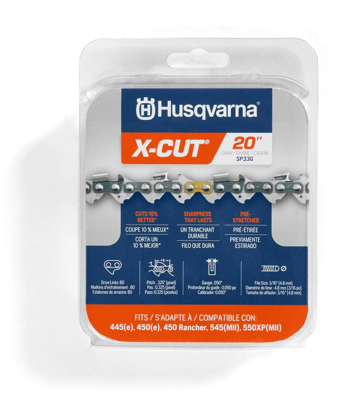 Husqvarna X-Cut SP33G 20 inch chainsaw chain, front view