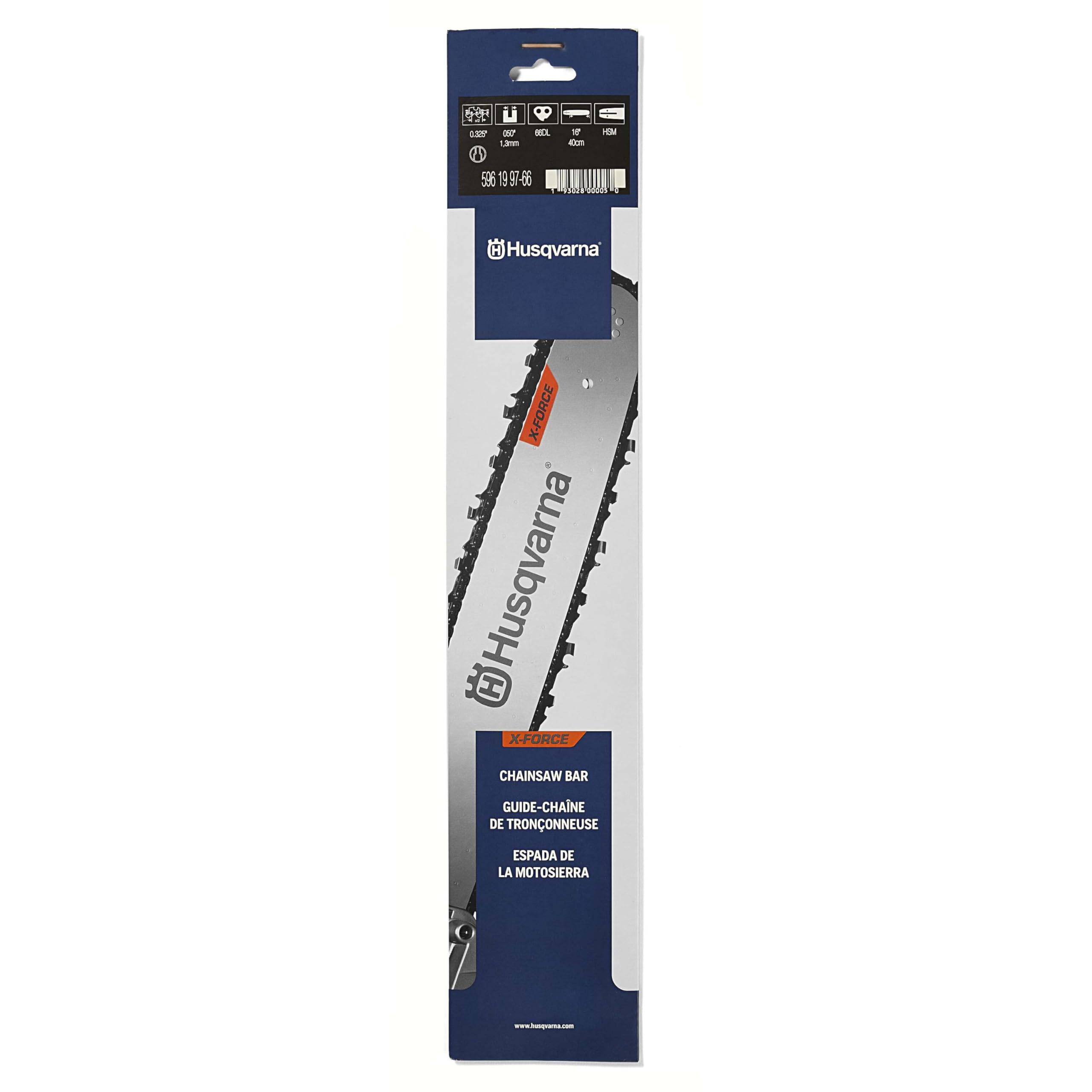 Husqvarna X-Force 16 Inch Chainsaw Bar front view showing pitch and gauge