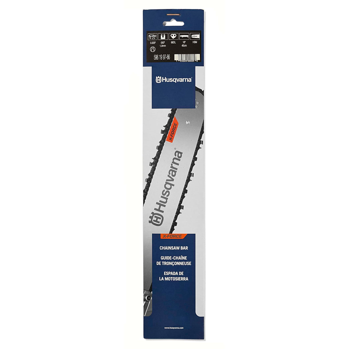 Husqvarna X-Force 16 Inch Chainsaw Bar front view showing pitch and gauge