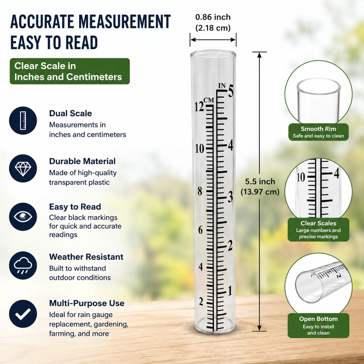HUTNUOY 5-inch rain gauge replacement tube glass side view