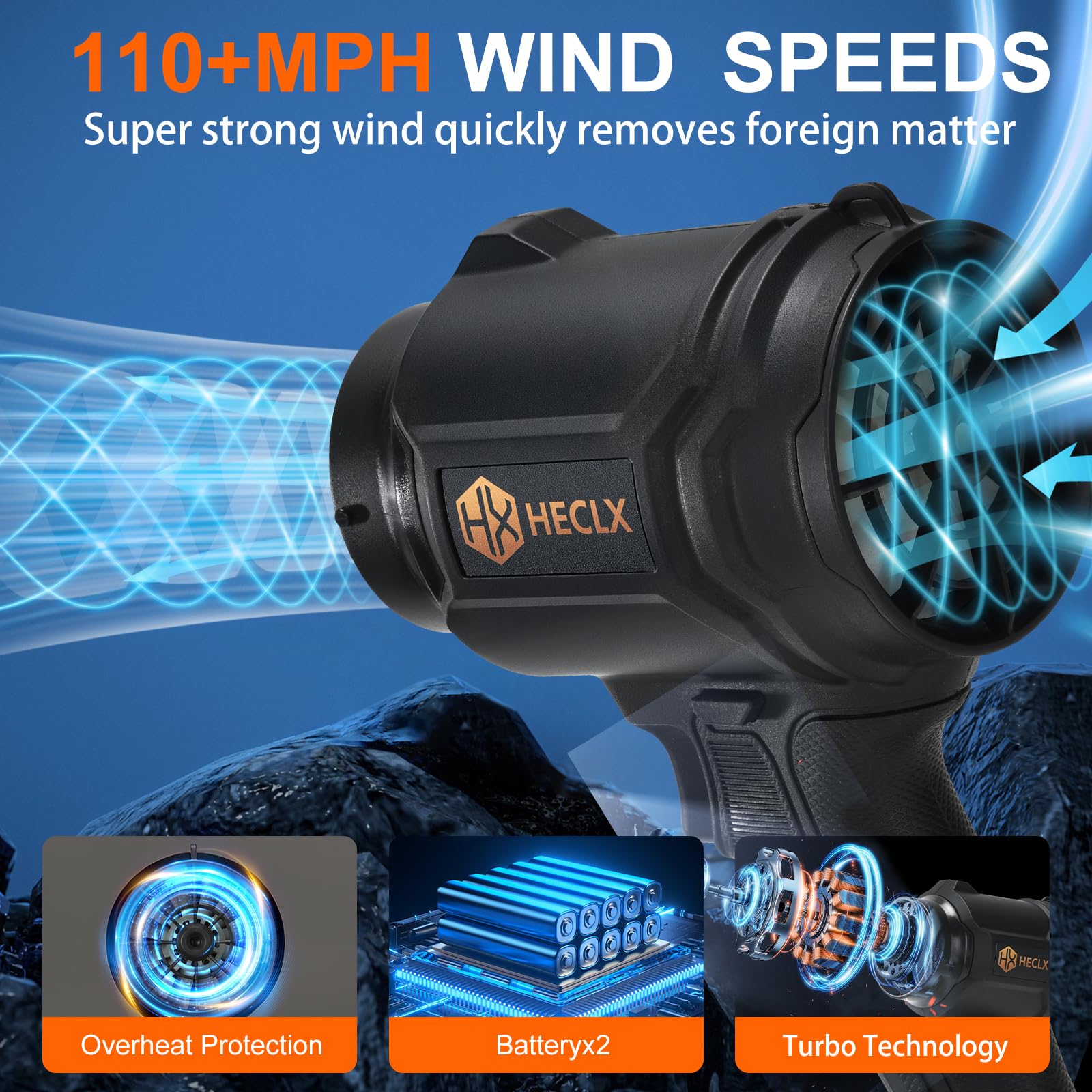 HX HECLX cordless leaf blower showing 990,000 RPM turbo motor