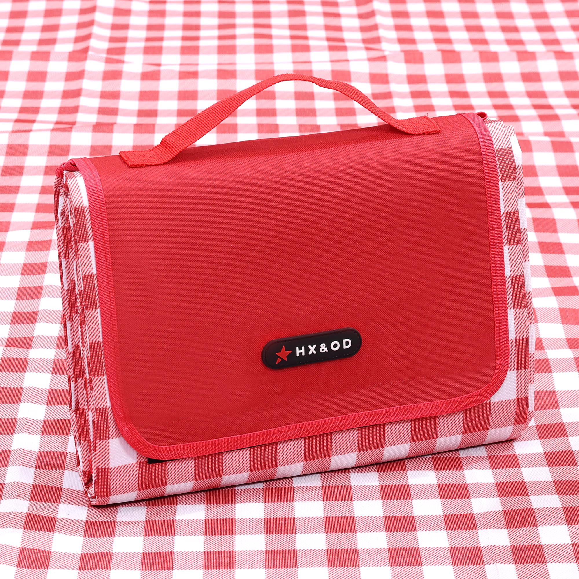 HX&OD Outdoor Picnic Blanket 80"x80" in red, rolled out on grass