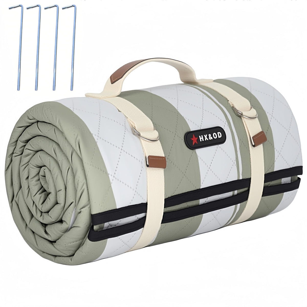 HX&OD Outdoor Picnic Blanket green and white front view
