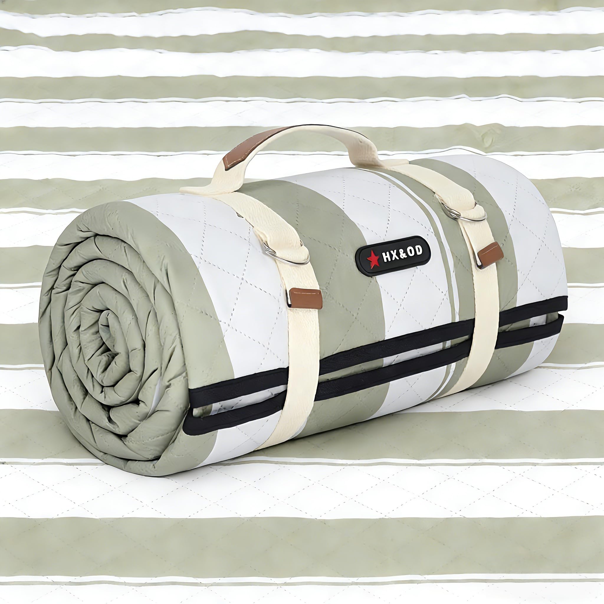 HX&OD Outdoor Picnic Blanket in green, unfolded view