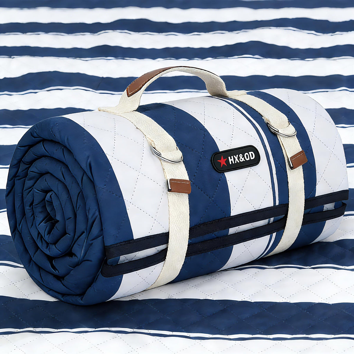 HX&OD outdoor picnic blanket unfolded front view, blue