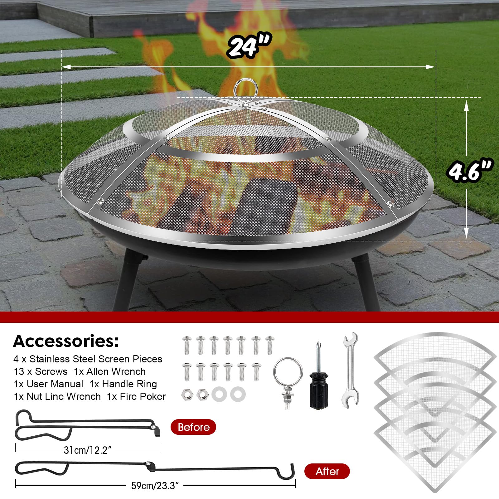 Hydream Fire Pit Spark Screen with handle and poker