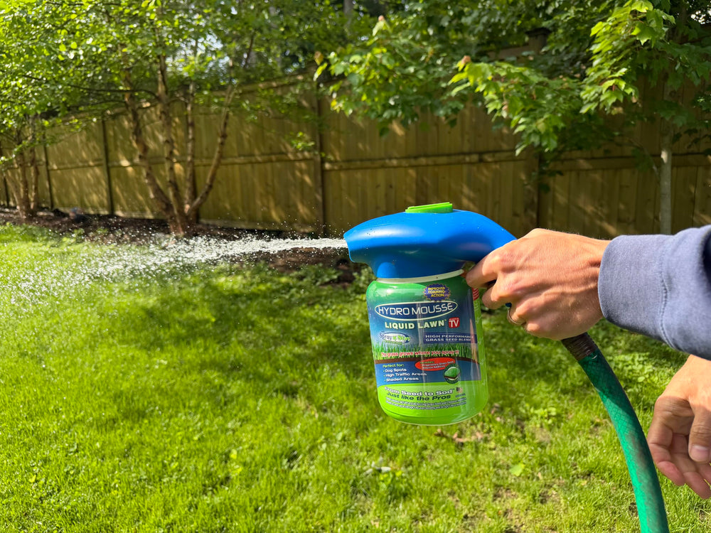 Hydro Mousse Grass Seed Spray Kit packaging with eco-friendly label