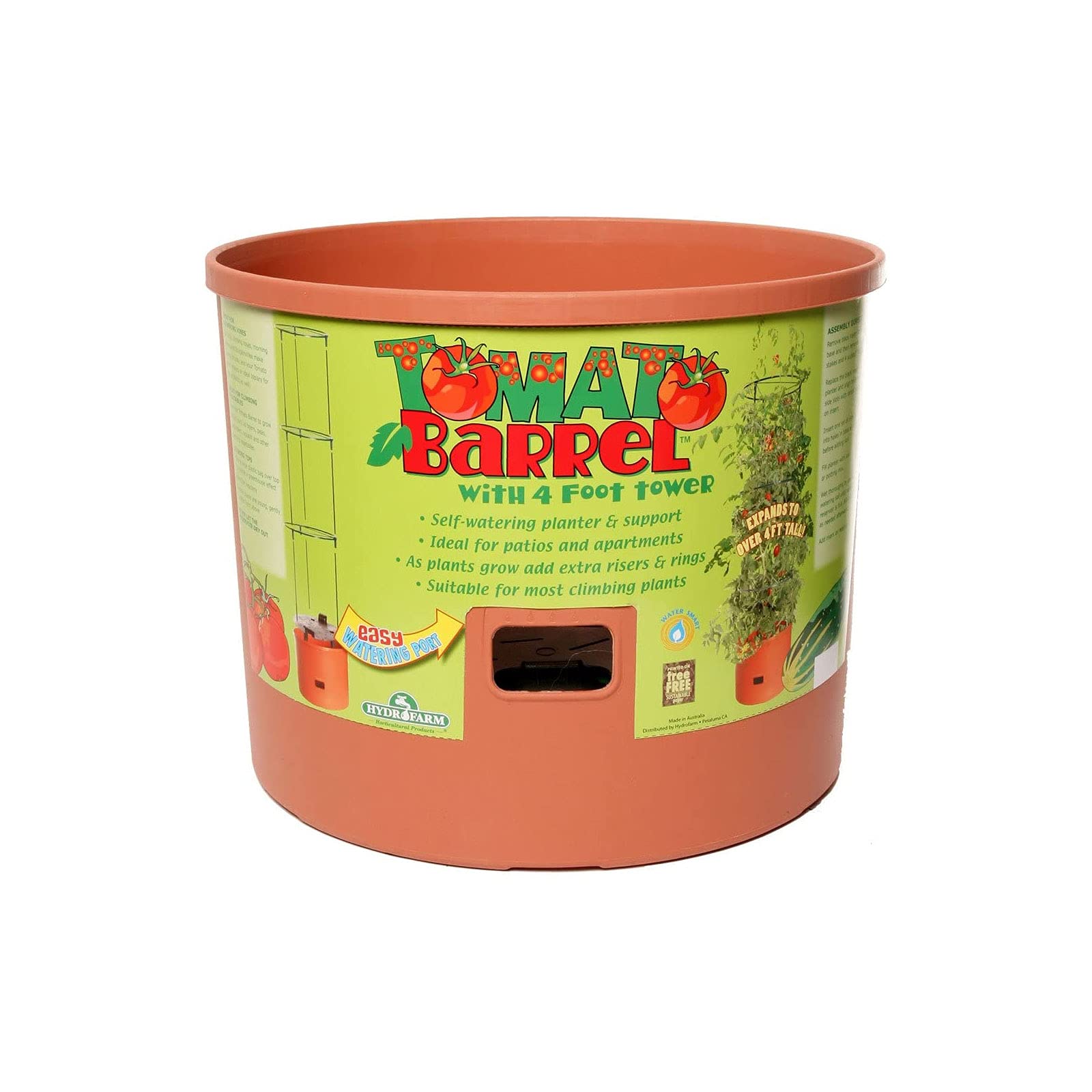 Hydrofarm tomato barrel with climbing plants and 4 ft trellis