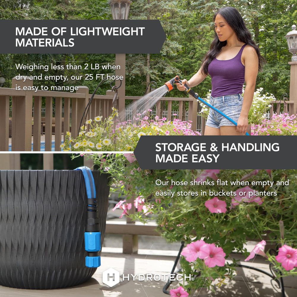 HydroTech FLATJACKET 25ft garden hose in use watering plants