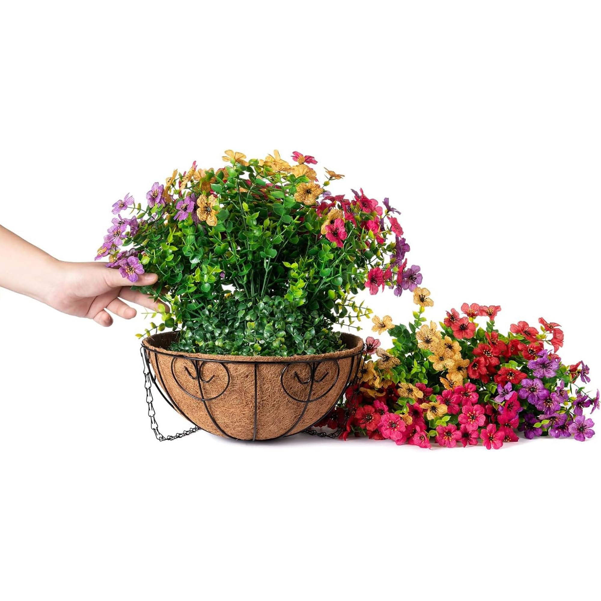 HyeFlora artificial basket with vibrant flowers on a balcony